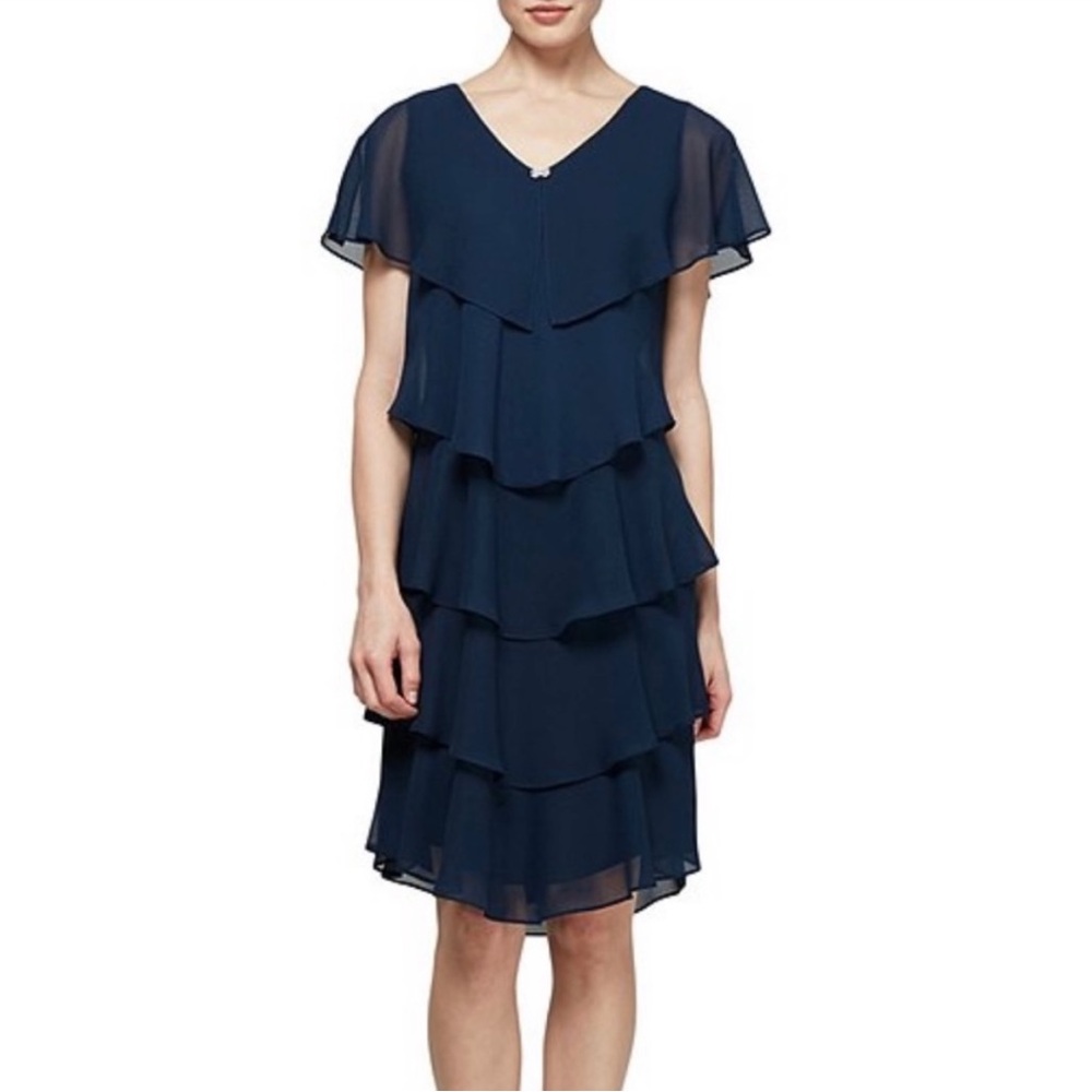 Ignite Evenings V-Neck Georgette Tiered Capelet Dress in Navy 6 Petite